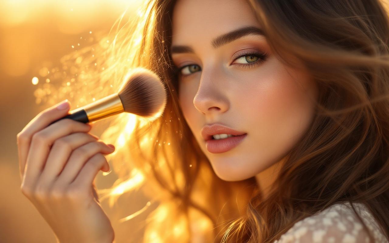 Gros plan d'une personne vaporisant délicatement ses cheveux avec un pinceau tenu à distance, ambiance naturelle et chaleureuse, lumière douce de coucher de soleil, tons beiges et dorés, arrière-plan flou