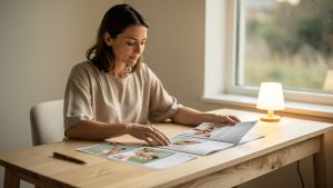 Une femme au début de la trentaine compare calmement plusieurs brochures de formation en massage bien-être sur un bureau lumineux et épuré.