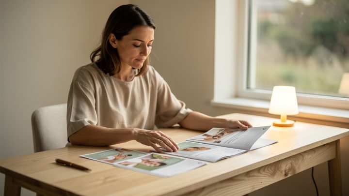 Une femme au début de la trentaine compare calmement plusieurs brochures de formation en massage bien-être sur un bureau lumineux et épuré.