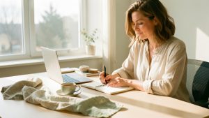 Une professionnelle du bien-être prépare son projet dans un cabinet lumineux, écrivant dans un carnet près d’un ordinateur, avec une ambiance apaisante et des objets naturels sur le bureau.