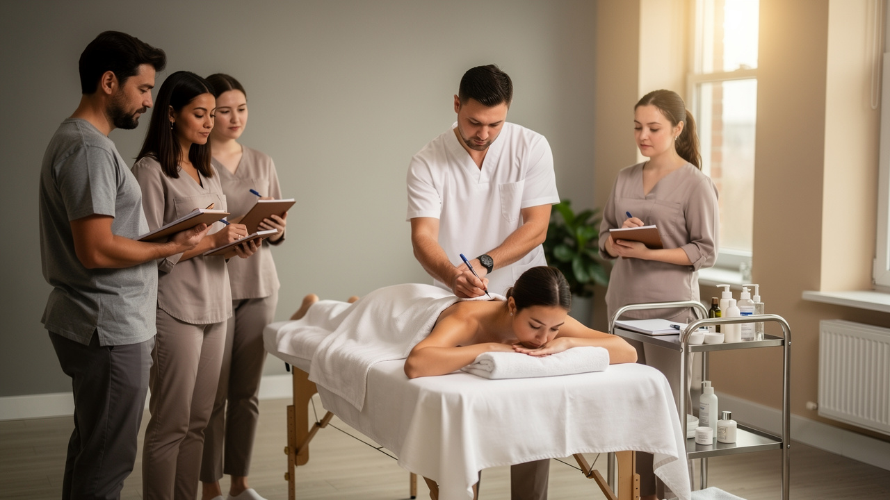Session de formation pratique en massage bien-être en salle professionnelle, avec un formateur montrant une technique sur une table de massage et prenant des notes, ambiance calme et éclairage doux.