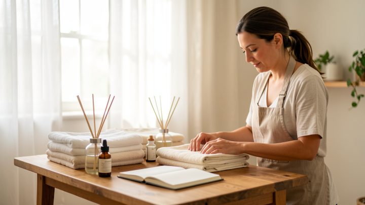 Une femme praticienne du bien-être prépare sa reconversion dans un espace calme et lumineux, en rangeant et organisant des objets liés à la détente sur une table en bois.
