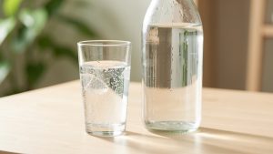 Verre d’eau minérale pétillante et bouteille en verre sans étiquette sur une table en bois clair, dans une ambiance douce et naturelle.