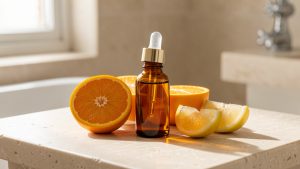 Flacon ambré de sérum visage avec pipette, entouré de tranches d’orange et de quartiers de citron sur une table claire dans une salle de bain lumineuse.