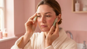 Femme à la peau claire et sensible réalisant délicatement un massage du visage avec un outil gua sha dans une salle de bains lumineuse.