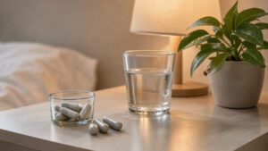 Gélules de magnésium dans un contenant en verre sans étiquette, placées près d’un verre d’eau, d’une plante verte et d’une lampe douce dans une ambiance de bien-être.