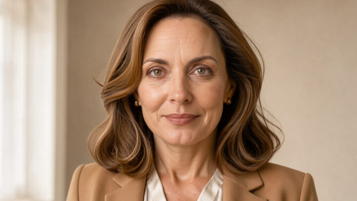 Portrait beauté éditorial haut de gamme d’une femme de 50 ans aux cheveux châtain caramel lumineux, au teint éclatant, photographiée dans une lumière naturelle douce.
