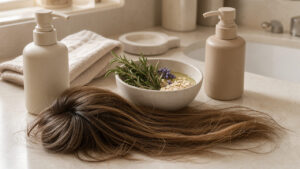 Nature morte représentant une routine équilibrante pour des cheveux aux racines grasses et aux longueurs sèches, avec des soins capillaires et des ingrédients botaniques.