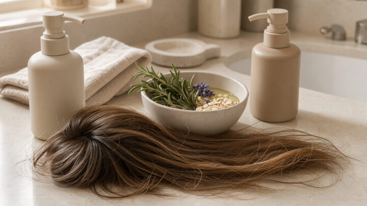 Nature morte représentant une routine équilibrante pour des cheveux aux racines grasses et aux longueurs sèches, avec des soins capillaires et des ingrédients botaniques.
