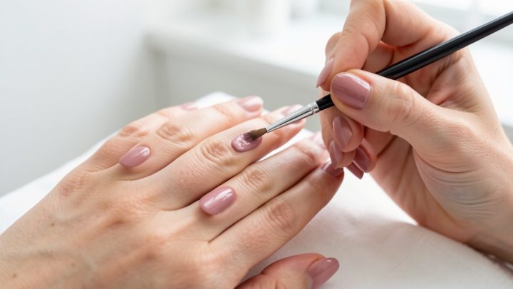 Gros plan sur les mains d’une femme recevant une manucure semi-permanente douce sur des ongles fins et fragiles.